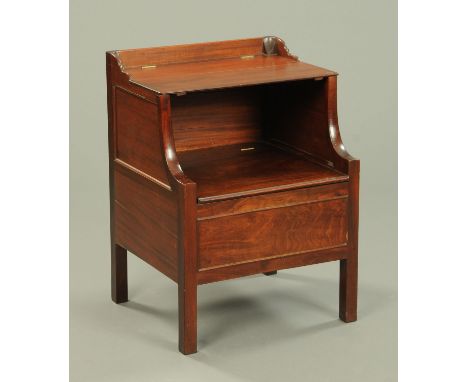 A mahogany commode, late 18th century, having a blind gallery back with hinged top and seat, all upon square legs.  Width 56 