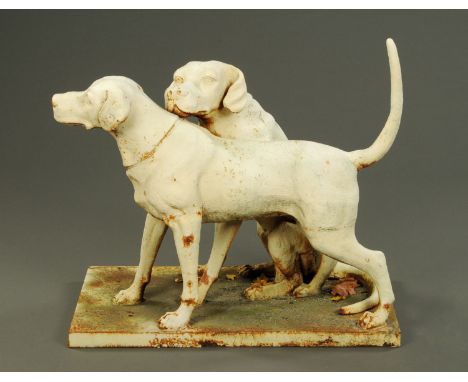 A cast iron hunting dog group, raised on a rectangular plinth.  Height to top of tail 81 cm, length of plinth 88 cm (see illu