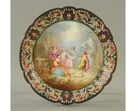 A Champleve enamel circular waiter, with centre porcelain panel, probably Sevres and signed "E. Collot".  Plaque diameter 14 