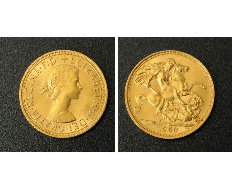 Elizabeth II, sovereign, 1958, young head R, Rev. St. George & The Dragon, EF.