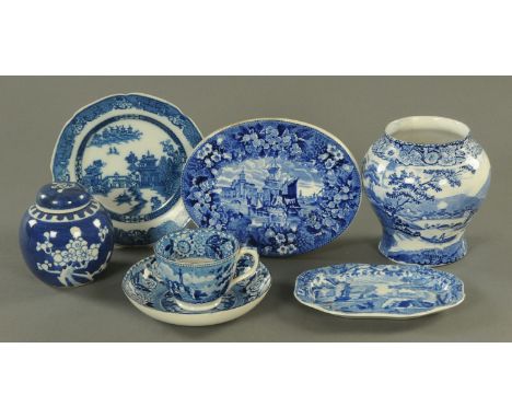 A 19th century blue and white cup and saucer, Pratt's Native Scenery vase, Wedgwood teapot stand, Copeland Spode's Italian sm
