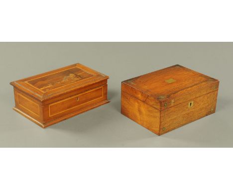 A rosewood and brass inlaid jewellery box, the interior with lift out tray, 28 cm wide, 19.5 cm deep, and a Sorrento Ware jew