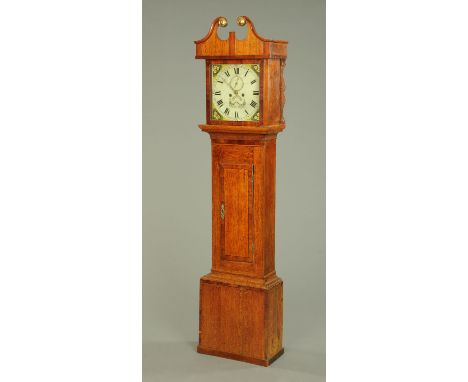 A 19th century oak longcase clock, with painted dial marked "Dobel Yeovil".  Height to top of swans neck 202 cm. 