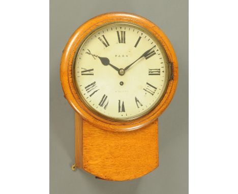 An oak drop dial wall clock, 19th century, with single fusee movement, enamel dial with Roman numerals inscribed "Parr, Londo