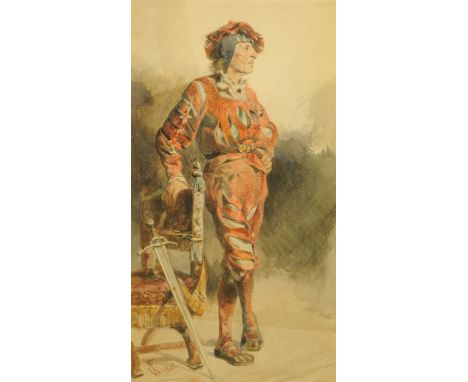 Fredrick Weekes (British) Fl. 1854-1893, "Den Landsknechte" (Swiss Mercenary), full length portrait, his right hand resting o