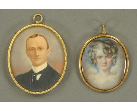 An oval portrait miniature on ivory, 19th century, a lady with curled hair with cloud and sky background, unsigned, 5.8 cm x 