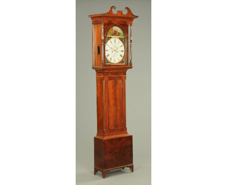 A mahogany longcase clock, late 18th century, with eight day movement, painted arched dial, subsidiary date and seconds dials