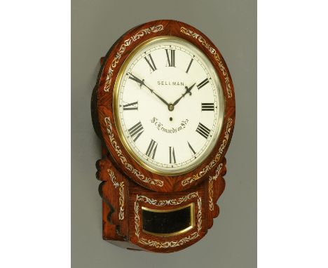 A Victorian single fusee drop dial wall clock, inlaid mother of pearl and rosewood, the dial marked "Sellman, St. Leonards on