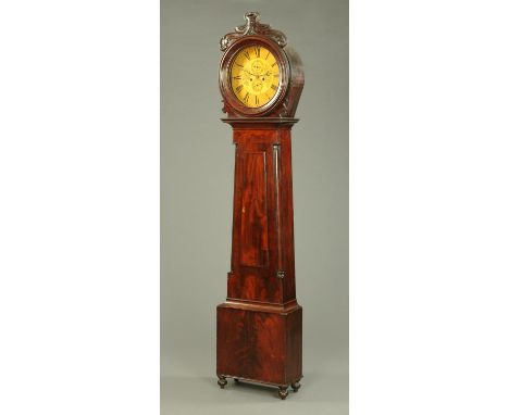 A 19th century Scottish mahogany longcase clock, with foliate carved pediment and circular dial, with two-train striking move