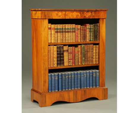 A Victorian walnut marquetry open bookcase, with two adjustable shelves and raised on bracket feet.  Width 81 cm (see illustr