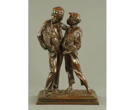 A Victorian bronze filled figure group, newspaper boys, signed and dated 1891.  Height 56 cm. 