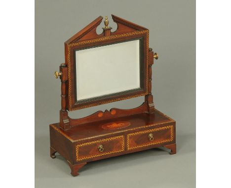 A 19th century mahogany dressing table mirror, with triangular pediment, the base inlaid with a Prince of Wales type plume an