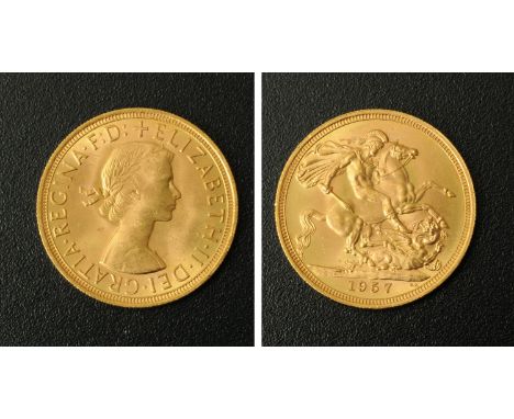 Elizabeth II, sovereign, 1957, young head R, Rev. St. George & The Dragon, EF.
