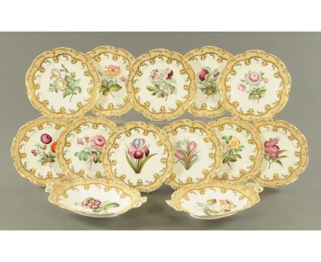 An English porcelain botanic spray dessert service, circa 1850, comprising eleven plates and two oval shaped dishes with moul