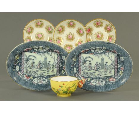 A pair of Ashworth Ironstone oval dishes, three rose decorated saucers and a Minton cup. 