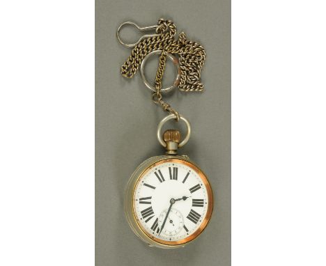 A Goliath open face pocket watch, late 19th/early 20th century, in nickel plated case, the enamel dial with Roman numerals an