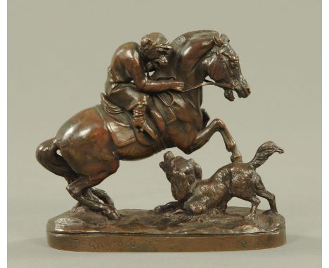 After Paul Joseph Raymond Gayrard and Emile Boyer, a well patinated bronze group of racehorse with monkey jockey, mid 19th ce