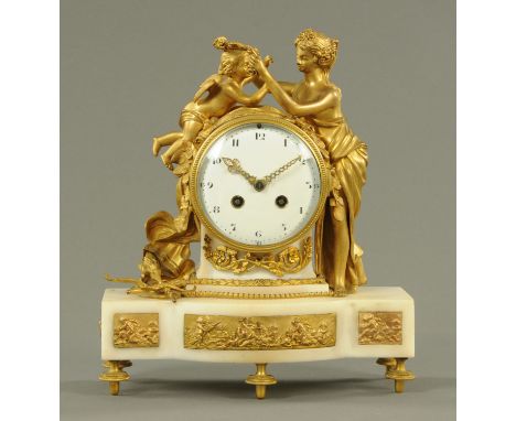 A French gilt metal and Cararra marble mantle clock, circa 1900, cast as a Classical styled female draping a garland of flowe