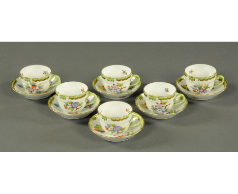 A Herend Queen Victoria pattern six place demitasse tea set, 20th century, comprising six cups and saucers, printed marks and