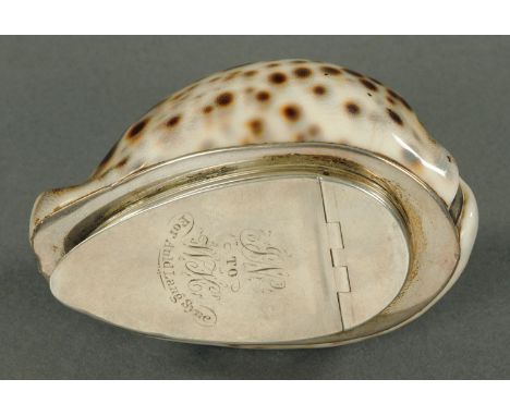 A Provincial Scottish silver mounted cowrie shell snuffbox, early 19th century, the hinged lid engraved "JN to WK", for Auld 