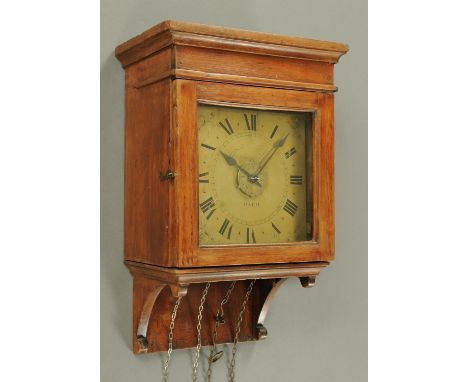 Thomas Lock of Bath a 30 hour wall clock, with alarm, 18th century, the 17.5 cm square brass dial with Roman numerals and eng