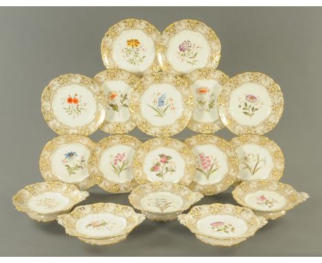 A handpainted floral study dessert service, mid 19th century, comprising 12 plates and 5 shaped dishes, each with a pierced a