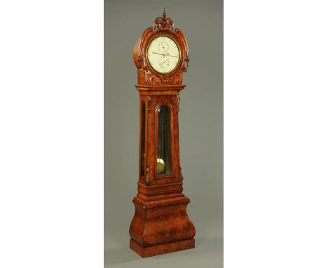 A 19th century walnut regulator longcase clock, with four pillar movement, shaped plates and centre seconds, diameter 31 cm, 