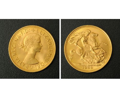 Elizabeth II, sovereign, 1959, young head R, Rev. St. George & The Dragon, VF+.