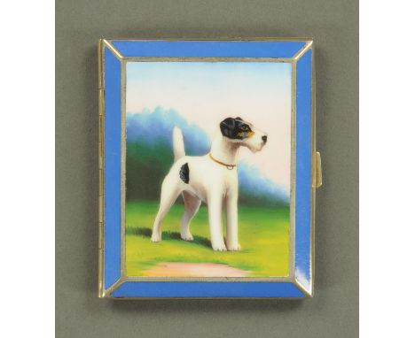 An Austrian enamel cigarette case, early 20th century, the front depicting a black and white Airedale Terrier in landscape an