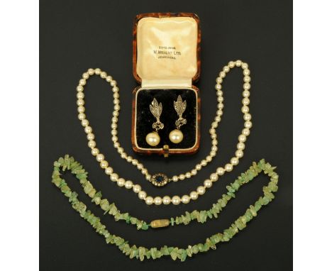 A pair of marcasite clip on earrings with pearl drop, and a single string faux pearl necklace and jade stone chip necklace.