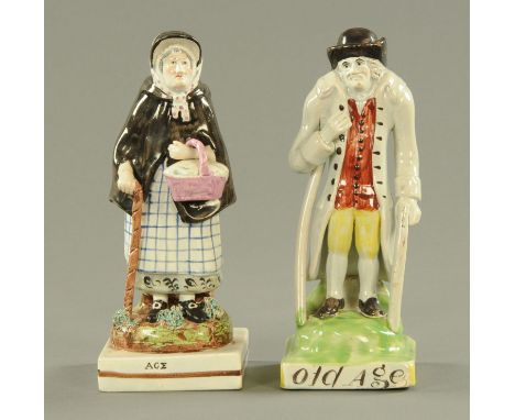 Two Ralph Wood style pearlware pottery figures, late 18th century, the gentleman with crutch and walking stick "Old Age", the