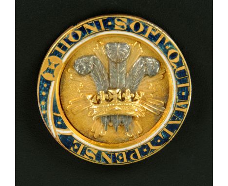 A silver gilt and enamel button, centered in relief with Prince of Wales feathers framed within a garter with legend "Honi So