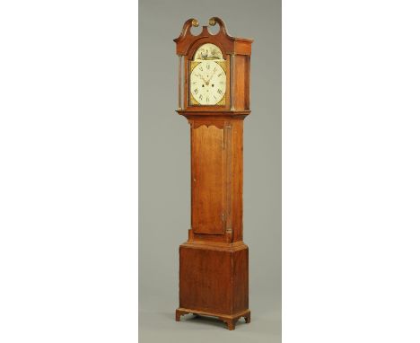 An oak cased longcase clock, early 19th century, with painted arched dial, eight day movement, subsidiary seconds and date di