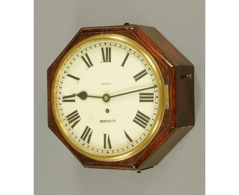 A single fusee wall clock, late 19th century, in stained beech octagonal case, the enamel dial with Roman numerals inscribed 
