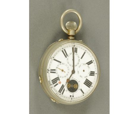 A Goliath moon phase calendar pocket watch, late 19th/early 20th century, the enamel dial with Roman numerals and subsidiary 