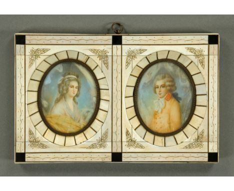 After Leon Victor Dupre, a pair of portrait miniatures of a French gentleman and lady mounted in a single piano ivory frame. 