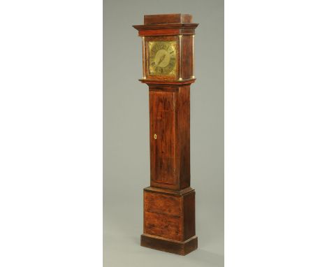 An oak and mahogany cased longcase clock, with single pointer, thirty hour movement, brass dial and crossbanded trunk door.  