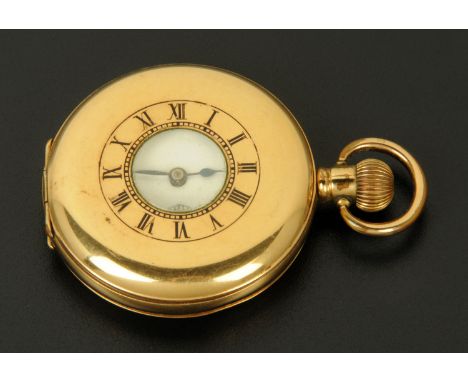 A Dennison gold plated half Hunter pocket watch, with enamel dial with Roman numerals and subsidiary seconds dial and with bl