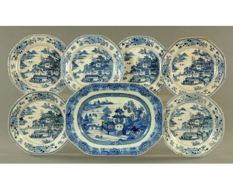 A Chinese blue and white meat dish, 19th century, with pagoda landscape, diameter 36 cm, and six late 18th century Chinese bl