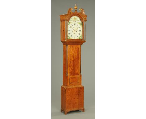 An oak cased longcase clock, early 19th century, with painted arched dial with eight day movement, subsidiary seconds and dat