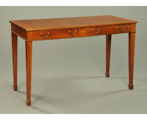 A mahogany serving table, late 19th century, having a boxwood strung edge above two oak lined drawers with brass drop handles