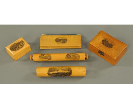 A collection of Mauchlin Ware, late 19th century, comprising two trinket boxes, two needle cases and miniature rolling pin, a