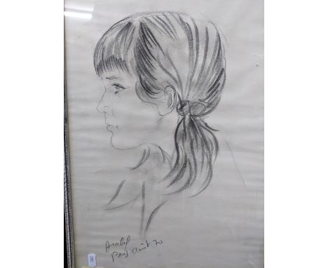 A selection of framed and glazed prints and others to include a French charcoal portrait of a young girl's head signed lower 