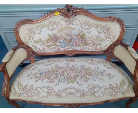 A Louis XV style two-person sofa with carved ornament and tapestry style upholstery Location:A3M 