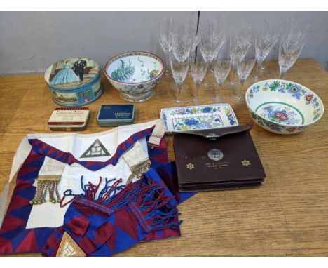 A lot to include Edinburgh Crystal drinking glasses, Mason china, Victorian pottery bowl, vintage tins, and a leather cased M