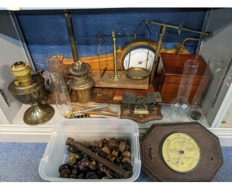 A mixed lot to include barometers, an oil lamp, weighing scales and other items, Location: 