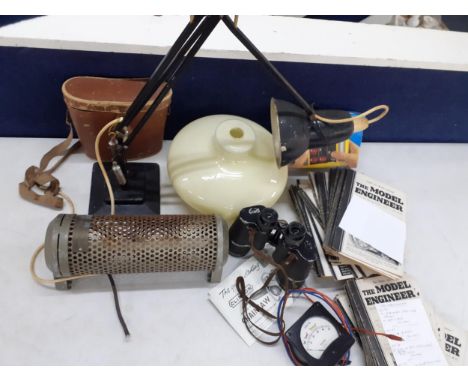 A Herbert Terry Anglepoise lamp design 1227 and a box of miscellanea to include vintage binoculars and Model Engineer magazin