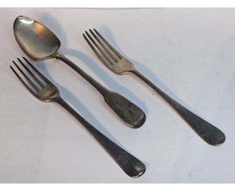 A group of silver flatware to include a Georgian 1806 spoon A/F, 1830 fork and one other 1885 example, 129.6gLocation: 