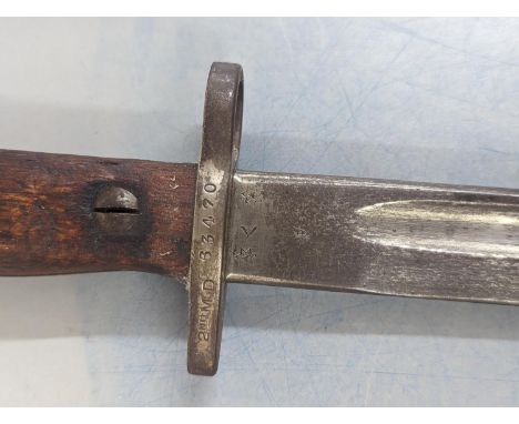 A WWII era Norwegian Kray Jorgensen M1916 bayonet, numbered 25091 and23975 to the scabbard, Location: 