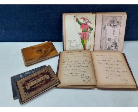 Two of early 20th century albums of watercolours, verse, sketches and autographs together with two vintage postcard albumsLoc